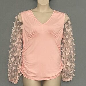 Whimsical Fairy Womens Top Plus 2X Pink Chiffon 3D Butterflies Ruched Coquette